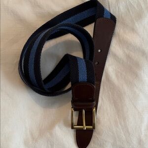 Brooks Brothers Men's Striped Navy and Blue Webbed Belt with Brown Leather Trim